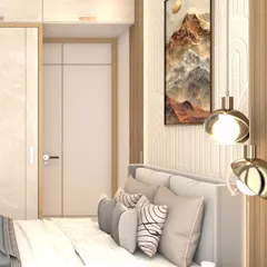 A 3D render of a modern bedroom design. I used a combination of wood paneling, textured wallpaper, and statement pendant lights to create a warm and sophisticated look. This visualization helps the client approve the design before we start.