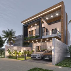This view of the modern villa render highlights the strategic use of lighting to accentuate architectural features. The warm downlights and landscape lighting create an inviting glow, making the home feel welcoming even from the outside.