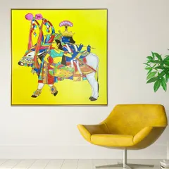 This hand-painted wall art depicts Lord Krishna with a sacred bull against a vibrant yellow background. The traditional art style and bright, joyful colors make it a stunning piece of divine decor.