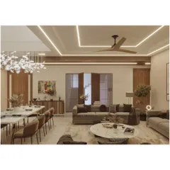 An integrated view of the living and dining areas, showing how we use consistent wood tones and a cohesive lighting scheme to unify the large, open-plan space. The design ensures that each zone feels distinct yet connected.