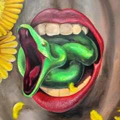 The snake emerging from the mouth is a powerful metaphor for words or thoughts that can escape us in dangerous forms. It represents the release of inner demons or a transformation into something more primal.