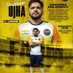 Meet Shubham Ojha, our D-Licensed coach. He emphasizes a possession-based style and focuses on building mental toughness, creativity, and a winning mindset in our players.