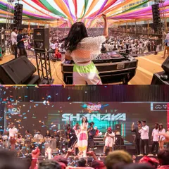 A split view of the Holi festival. The top shows my perspective from the DJ booth looking out at the sea of people, and the bottom shows the view from the crowd looking up at the stage.