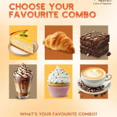 Choosing your perfect pair is part of the fun. This combo guide shows some of our most popular pairings, like a creamy cheesecake with a rich brownie, or a classic cupcake with a frothy latte.