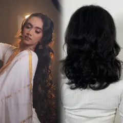 A dramatic before and after showing how to use synthetic hair extensions to transform short hair into a long, flowing festive hairstyle. This is a crucial skill for any bridal stylist.