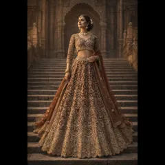 A full, majestic view of this bronze and maroon bridal lehenga. The long sleeves and intricate all-over embroidery create a look of pure royalty, perfect for a bride who wants a traditional yet stunning outfit.