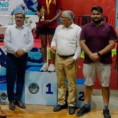 Prapti Ghose being awarded the 'Best Swimmer' trophy at the CBSE North Zone Games after winning 5 gold medals in 5 events. This level of dominance is what my high-intensity clinics are designed to produce.