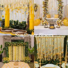 Ideas for a 'Sunflower Bloom' theme. This classic and cheerful theme for a Haldi ceremony uses sunflowers and marigolds in various creative ways.