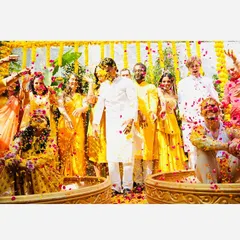 A vibrant snapshot of family and friends joining in the Phoolon ki Holi. These are the moments that create lasting memories, bringing everyone together in a colorful, fun-filled celebration before the main wedding day.