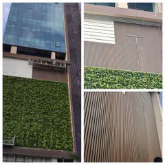A commercial building facade gets a major upgrade. We combined a lush vertical garden with our signature wood-look vertical cladding, creating a striking contrast and a green, modern exterior.