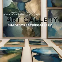 A collection of abstract seascape paintings, both large and small, are displayed together, showing how a cohesive series can create a stunning gallery wall.