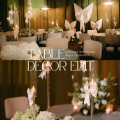 A collage showcasing our "Table Decor Edit." For this reception, each table had a unique centerpiece that still felt cohesive with the overall theme, adding a layer of discovery for guests.