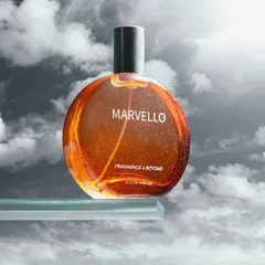 A perfume bottle appearing to float on a glass shelf against a cloudy sky. This ethereal and dreamy concept gives the fragrance a light, airy, and almost magical quality.