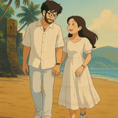 A simple walk on the beach, turned into a scene from your own romantic movie. This hand-drawn illustration captures the feeling of a quiet, shared journey, perfect for an anniversary gift or a unique save-the-date.