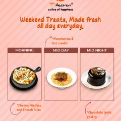 Our menu is designed to satisfy your cravings any time, all day. This graphic highlights some of our favorite treats, from morning cheesy wedges to a midday Manchurian rice bowl and a late-night chocolate globe pastry.