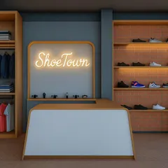 An alternate view of the Shoetown checkout counter, highlighting the neon brand signage. This element serves as a focal point and reinforces the store's modern, stylish identity.