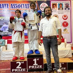 State-level gold! Shikha Bijoor on the number one podium after winning the 10-years Subjunior Female Kumite category at the State Karate Championship in Hubli.