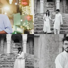 This photo story combines black and white portraits with a vibrant, colorful night shot. It demonstrates the versatility of a single shoot, capturing both timeless elegance and modern city vibes.