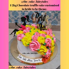 In my classes, you will learn to create beautiful custom cakes like this eggless chocolate truffle cake for a 'Bride to be' celebration. We will cover everything from baking the sponge to mastering these colorful piping techniques.