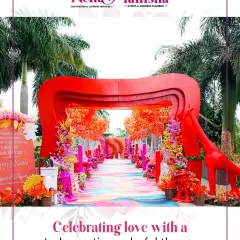 Step into a world of color and joy. We specialize in executing creative themes with flair, as seen in this vibrant, artistic entrance with multi-colored arches, florals, and quirky giraffe props.