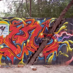 I love incorporating natural elements into my work. Here, I painted my graffiti piece around a tree growing through the wall, making it seem like the art and nature are one.