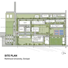 The site plan for Rishihood University in Sonipat reveals the power of a single, unifying axis. This central spine organizes the entire campus, connecting academic blocks, hostels, and green spaces to create a clear sense of order and community.
