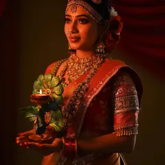 The warm glow of the diya beautifully illuminates the intricate details of our temple jewellery.