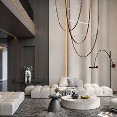 Here is another angle of a double-height living room, showing how we use dark wood paneling to create contrast and intimacy within a large volume. The custom sculptural light fixture and curated art pieces add a layer of personality and sophistication.