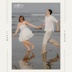 A fun, candid shot of the couple running along the water's edge, their reflections captured in the wet sand. The graphic frame adds a modern, stylish touch to this beach pre-wedding picture.