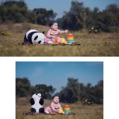 A cute baby milestone session outdoors. The baby is sitting on a blanket in a field, playing with a toy stacker next to a plush panda, perfect for capturing a 'sitter' session.