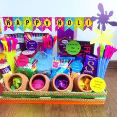 Celebrate the festival of colors with my vibrant Holi hamper. It comes fully loaded with organic gulal in earthen pots, water guns (pichkaris), thandai mix, and a variety of snacks to make your celebration complete and joyful.