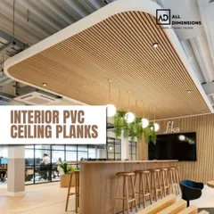 For this commercial space, I installed light wood-finish interior PVC ceiling planks. This design element adds warmth and a sense of modern sophistication, while also helping with acoustics in a busy environment.