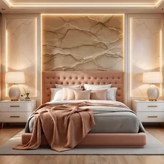 A luxurious take on Peach Fuzz, paired with a textured stone accent wall and backlit panels for a radiant, elegant feel.