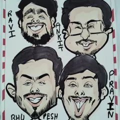 A group of four friends immortalized in a caricature during a fun evening out. This is a great memento of their friendship.