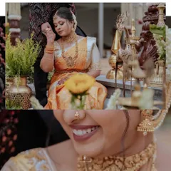 A creative collage from a naming ceremony, combining a portrait of the mother holding her husband's hand with a close-up of her joyful smile and nose ring detail.