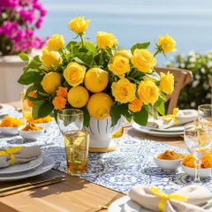 An Italian dream brought to life with a Positano-themed Haldi tablescape. Fresh lemons and vibrant yellow roses create a cheerful, sun-kissed centerpiece, complemented by classic blue and white Mediterranean patterned table runners for a refreshing coastal vibe.