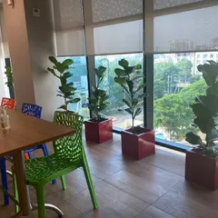 Large windows and statement plants are a perfect match. For this conference room, I chose tall Fiddle Leaf Fig trees in bold red planters to add height and drama, making the space feel more grounded and connected to the outdoors.