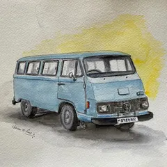 A watercolor tribute to the Bajaj Tempo Matador, a vehicle many of us remember from the 80s and 90s. This painting brings back fond memories of my school days, travelling in one of these iconic vans.