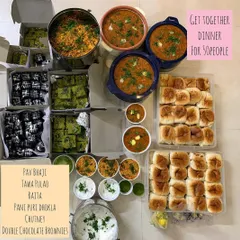 A complete dinner spread for a get-together of 50 people. The menu featured all-time favorites like Pav Bhaji, Tawa Pulao, Pani Puri Dhokla, and my special Double Chocolate Brownies.
