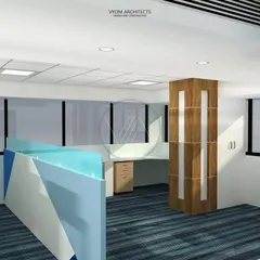 A 3D render of the office interior for Patton House in Koramangala. The design uses a cool blue and white color scheme with wood accents to create a professional and modern workspace.