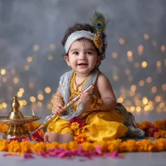 Another beautiful portrait of a baby as Bal Gopal for Janmashtami. The soft, glowing lights in the background and the traditional brass lamp create a warm, festive atmosphere. His joyful smile and the carefully arranged marigold flowers complete this devotional scene.