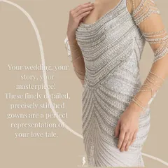 Your wedding story, your masterpiece. This finely detailed gown is a perfect representation of a modern love tale, ideal for a reception or engagement party where you want to shine.