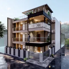 This 3D render showcases a luxury villa in Noida, designed with a contemporary style. The facade combines stone cladding, wood-finish panels, and decorative steel jali work for a rich, textured look.