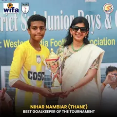 Our goalkeeper Nihar Nambiar receiving the Best Goalkeeper of the Tournament award at the WIFA Inter-District Championship. A testament to his hard work and our specialized training.
