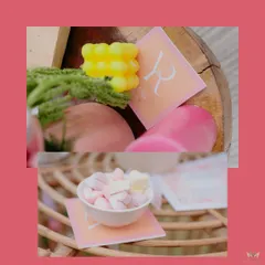A collage of personalized details, including custom coasters with the couple's monogram and sweet treats for guests to enjoy.