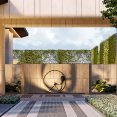 This courtyard is designed as a frame for light, shadow, and texture. A bronze sculpture provides a quiet counterpoint to the rigor of stone and geometry, grounding the space with presence and pause.