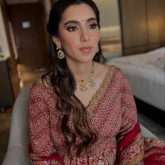 The final look for Adhya's pre-wedding function, completely unedited. Her skin is radiant and the soft glam makeup enhances her features without masking her natural beauty.