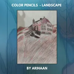 A dramatic landscape by Arihaan using color pencils in a single red hue to create depth and mood.