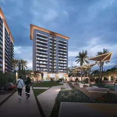 A twilight render of Gulnaar Zenium, showcasing the thoughtful lighting design that enhances the modern architecture and landscaped gardens in the evening.