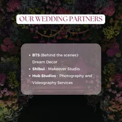 A graphic listing our core wedding partners: Behind The Scenes for decor, Shibui for makeovers, and Hub Studios for photography.